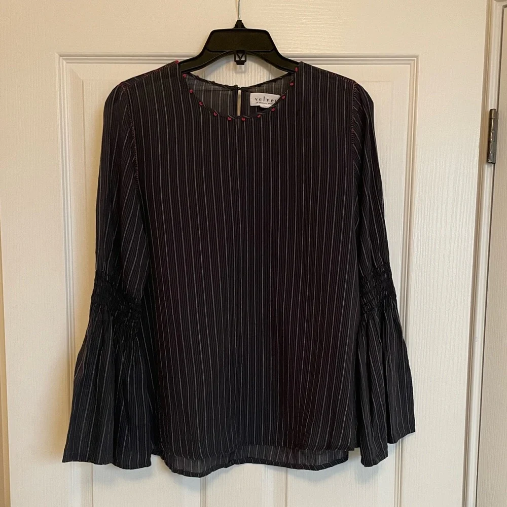 VELVET BY GRAHAM & SPENCER Navy and Red Striped Blouse with Bell Sleeves